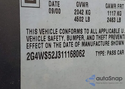 2001 Buick Century Custom из США, поврежденный, VIN 2G4WS52J311168062